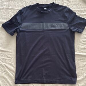 BOSS Men's Dark Blue Tee with Gray Stripe